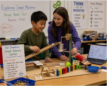 Campers building a simple machine invention project